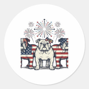 Patriotischer Bulldog-Feuerwerk-Vintage-Stich-Desi Runder Aufkleber