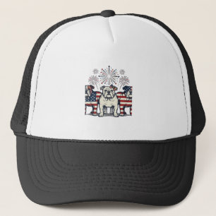 Patriotischer Bulldog-Feuerwerk-Vintage-Stich-Desi Truckerkappe