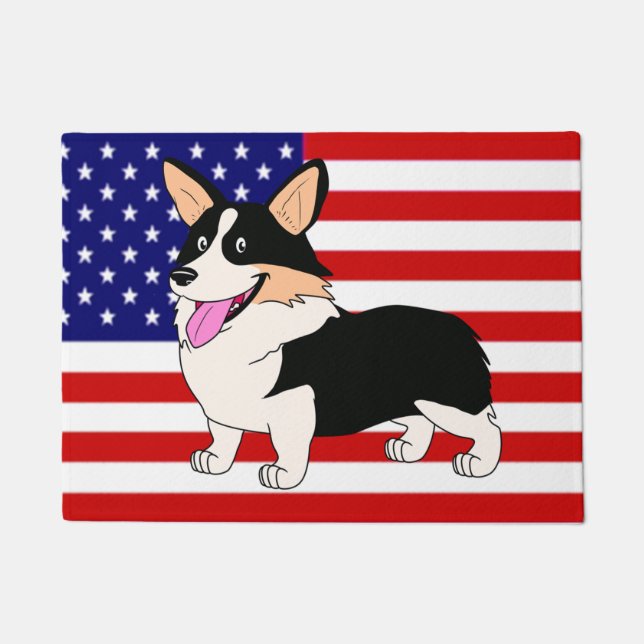 Patriotischer Cartoon-WaliserCorgihund mit Flagge Fußmatte (Vorderseite)