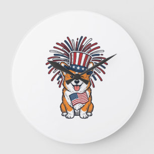 Patriotischer Corgi Feuerwerk Hund Vektor Design_1 Große Wanduhr