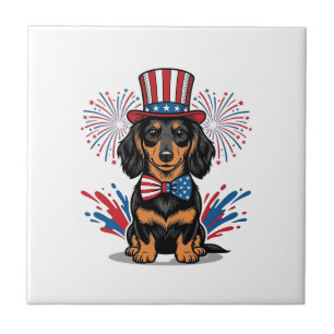 Patriotischer Dachshund Feuerwerk Vintage Vektor K Fliese