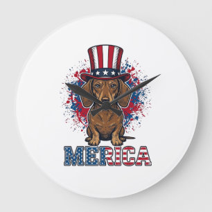 Patriotischer Dachshund Merica Vintage Hundeshirt_ Große Wanduhr