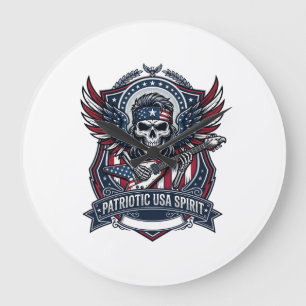 Patriotischer Freiheit-Gitarrist-Totenkopf-Musik-R Große Wanduhr