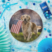 Patriotischer Goldener Retriever mit Feuerwerken Pappteller (Party)