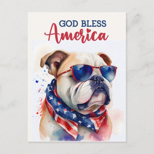 Patriotischer Hund Bulldog, Gott segne Amerika Pos Postkarte (Vorderseite)