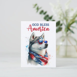 Patriotischer Hund-Husky, Gott segne Amerika Postk Postkarte
