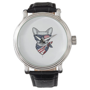 Patriotischer Hund mit Flaggen-Sonnenbrille Vintag Armbanduhr