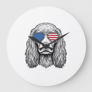 Patriotischer Hund mit Flaggen-Sonnenbrille Vintag Große Wanduhr