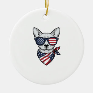 Patriotischer Hund mit Flaggen-Sonnenbrille Vintag Keramik Ornament