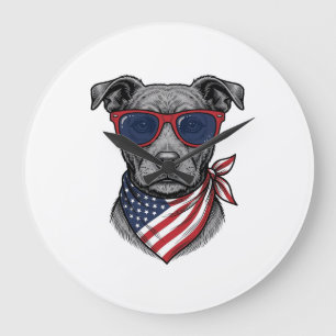 Patriotischer Hund mit Sonnenbrille Vintage-Shirt- Große Wanduhr