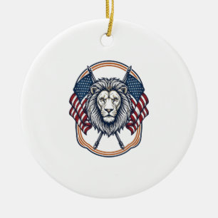 Patriotischer Löwe mit amerikanischen Flaggen Vint Keramik Ornament