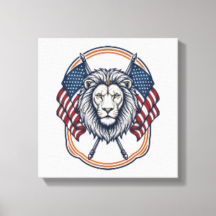 Patriotischer Löwe mit amerikanischen Flaggen Vint Leinwanddruck