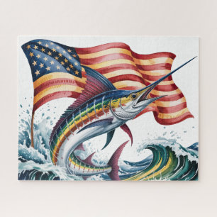 Patriotischer Marlin mit Flagge Puzzle