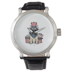Patriotischer Pug Vintage Gravur Hundeshirt Design Armbanduhr
