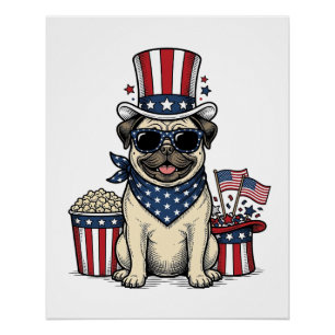 Patriotischer Pug Vintage Gravur Hundeshirt Design Poster