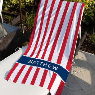 Patriotischer roter Streifen Blaues Monogramm Name Strandtuch