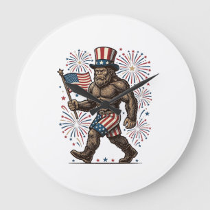Patriotischer Sasquatch Feuerwerk Vintage Gravur D Große Wanduhr