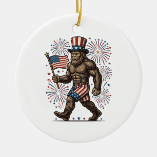 Patriotischer Sasquatch-Feuerwerk-Vintage-Stich De Keramik Ornament