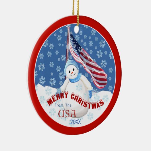 Patriotischer Schneemann und Flag Weihnachtsschmuc Keramik Ornament (Rechts)