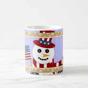 Patriotischer Snowman mit der Flaggen-Tasse - Kaffeetasse