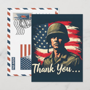 Patriotischer Soldat mit US-Flagge Postkarte