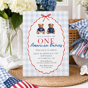 Patriotischer Teddybär-Zwillinge Navy Gingham 1. G Einladung