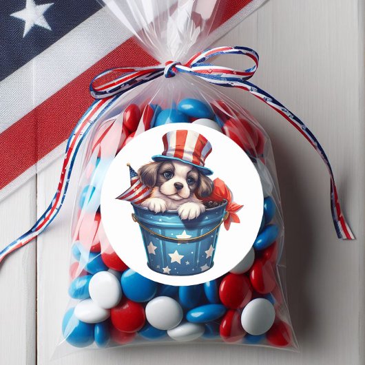 Patriotischer Welpenhund Red White Blue Top Hat Runder Aufkleber