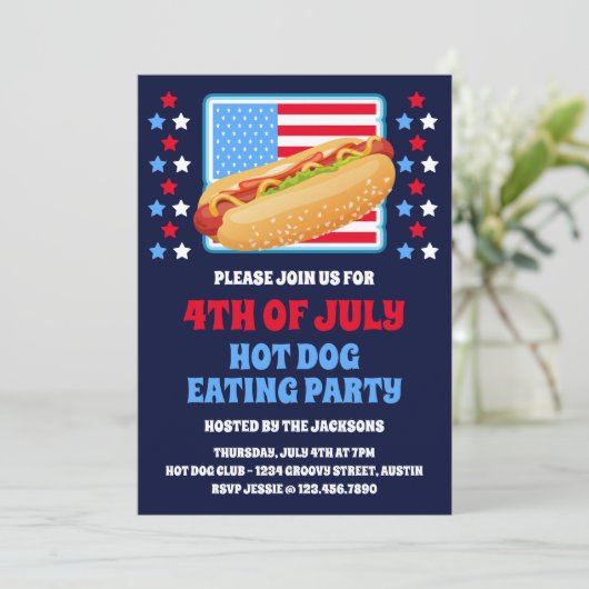 Patriotisches 4. Juli Hot Dog Party Einladung (Stehend Vorderseite)