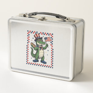 Patriotisches Alligator Hot Dog Flag Vintage-Shirt Metall Brotdose
