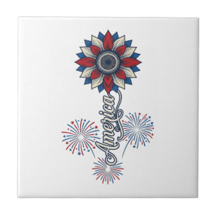 Patriotisches Amerika Blumen Feuerwerk Vintage Des Fliese