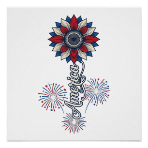 Patriotisches Amerika Blumen Feuerwerk Vintage Des Poster