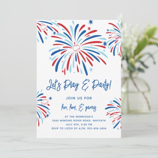 Patriotisches Baseball & Feuerwerk 4. Juli Party Einladung (Stehend Vorderseite)