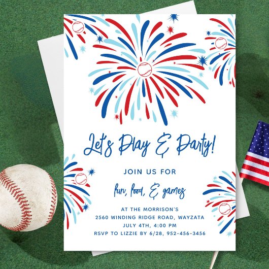 Patriotisches Baseball & Feuerwerk 4. Juli Party Einladung