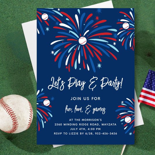 Patriotisches Baseball & Feuerwerk 4. Juli Party Einladung