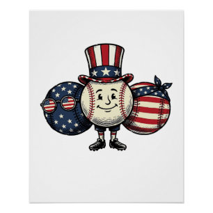Patriotisches Baseball-Trio Vintage Vector Shirt_1 Poster
