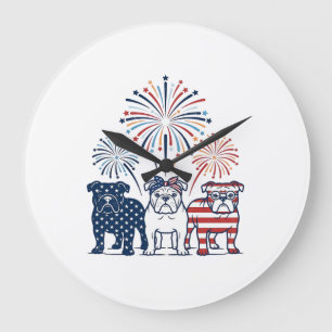 Patriotisches Bulldog-Feuerwerk Vintage-Vektordesi Große Wanduhr
