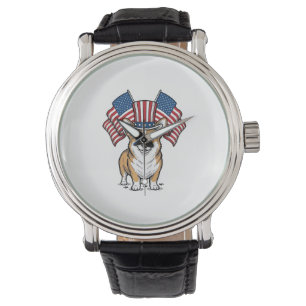 Patriotisches Corgi-Hund Vintage-Gravur-Shirt-Desi Armbanduhr