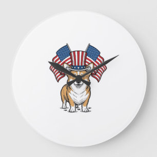 Patriotisches Corgi-Hund Vintage-Gravur-Shirt-Desi Große Wanduhr