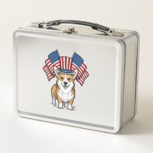 Patriotisches Corgi-Hund Vintage-Gravur-Shirt-Desi Metall Brotdose