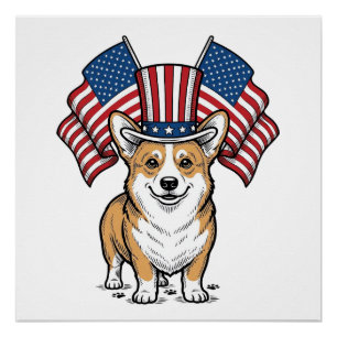 Patriotisches Corgi-Hund Vintage-Gravur-Shirt-Desi Poster