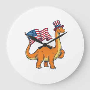 Patriotisches Dinosaurier-Flagge Vintage-Stickerei Große Wanduhr