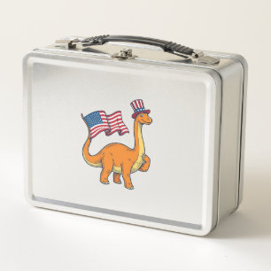 Patriotisches Dinosaurier-Flagge Vintage-Stickerei Metall Brotdose
