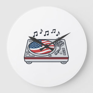 Patriotisches DJ-Plattenspieler-Musik-Vintage-Shir Große Wanduhr