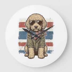 Patriotisches Doodle-Hund Vintage-Stickerei-Shirt- Große Wanduhr
