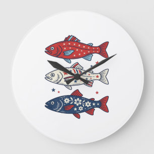 Patriotisches Drei-Fisch-Vintage-Stickerei-Shirt-D Große Wanduhr