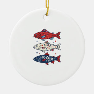 Patriotisches Drei-Fisch-Vintage-Stickerei-Shirt-D Keramik Ornament