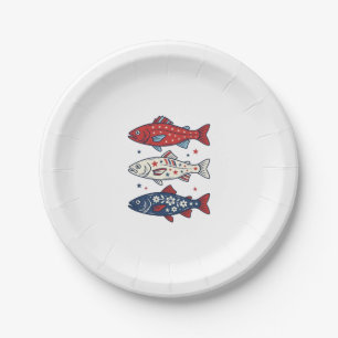 Patriotisches Drei-Fisch-Vintage-Stickerei-Shirt-D Pappteller