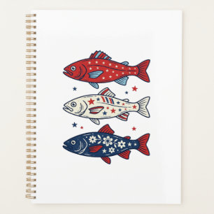 Patriotisches Drei-Fisch-Vintage-Stickerei-Shirt-D Planer