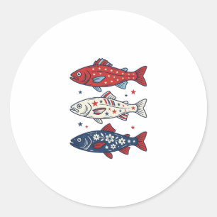 Patriotisches Drei-Fisch-Vintage-Stickerei-Shirt-D Runder Aufkleber