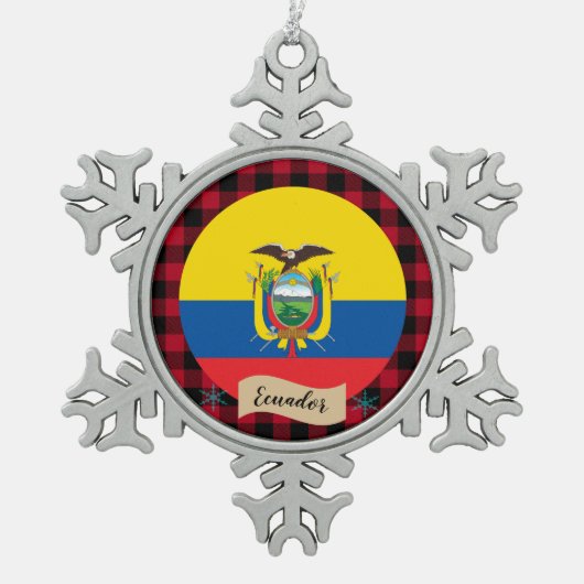 Patriotisches Ecuador, kariertes Rotes Büffel, Ecu Schneeflocken Zinn-Ornament (Vorderseite)